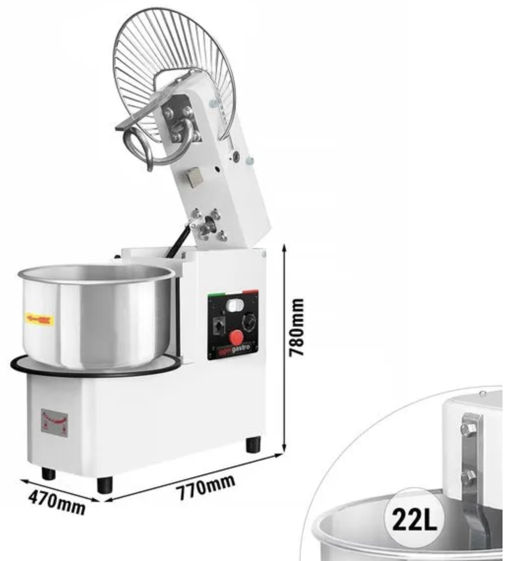 Amasadora de Espiral 22L (18 kg) Cuba Extraíble Cabezal Abatible Temporizador